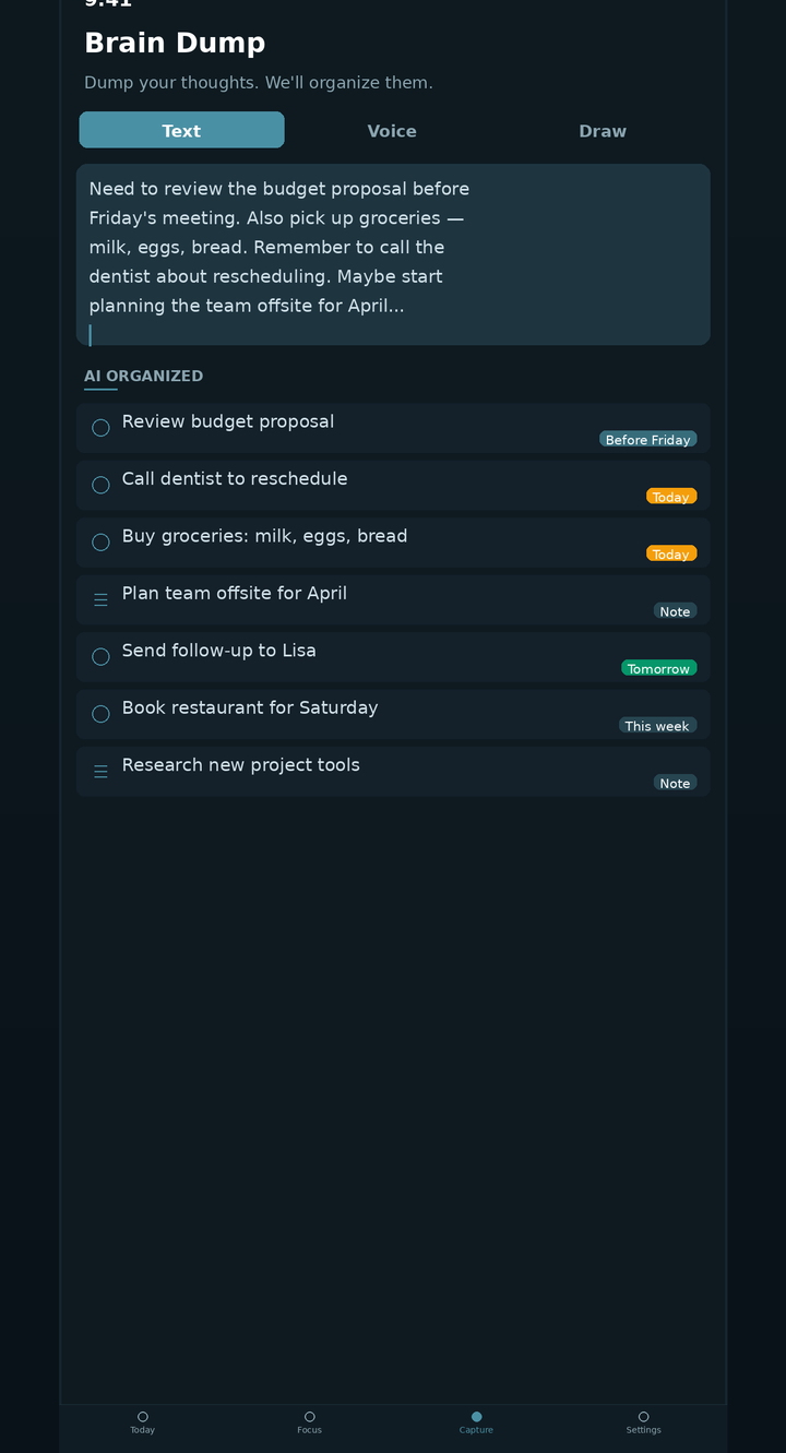 Brain dump view with AI-organized task list