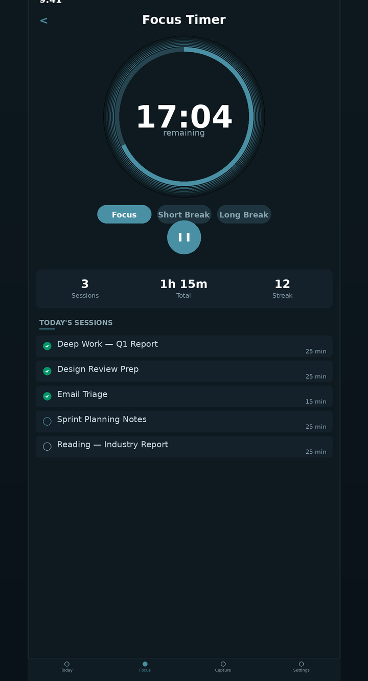 Focus timer with circular progress and session history