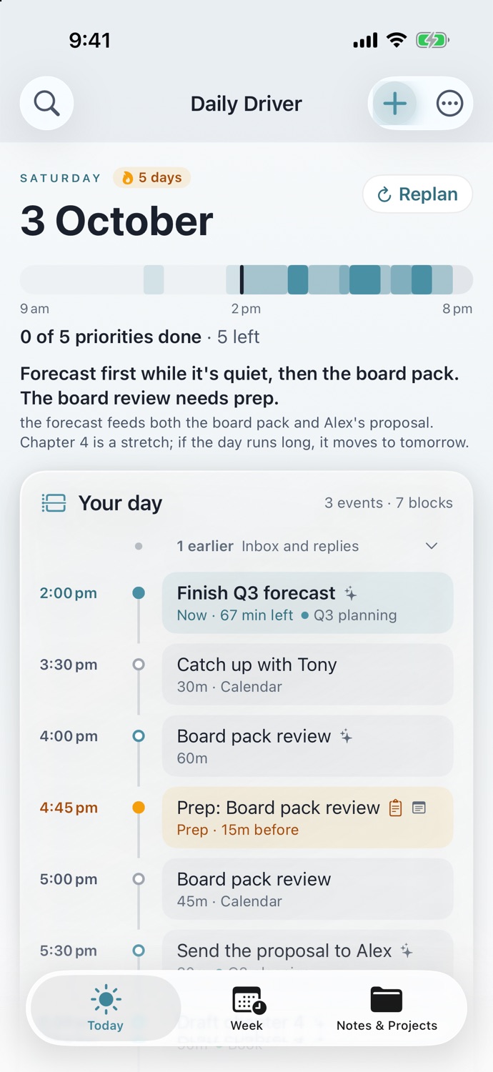 Today in Daily Driver: the day's plan and meetings in one timeline