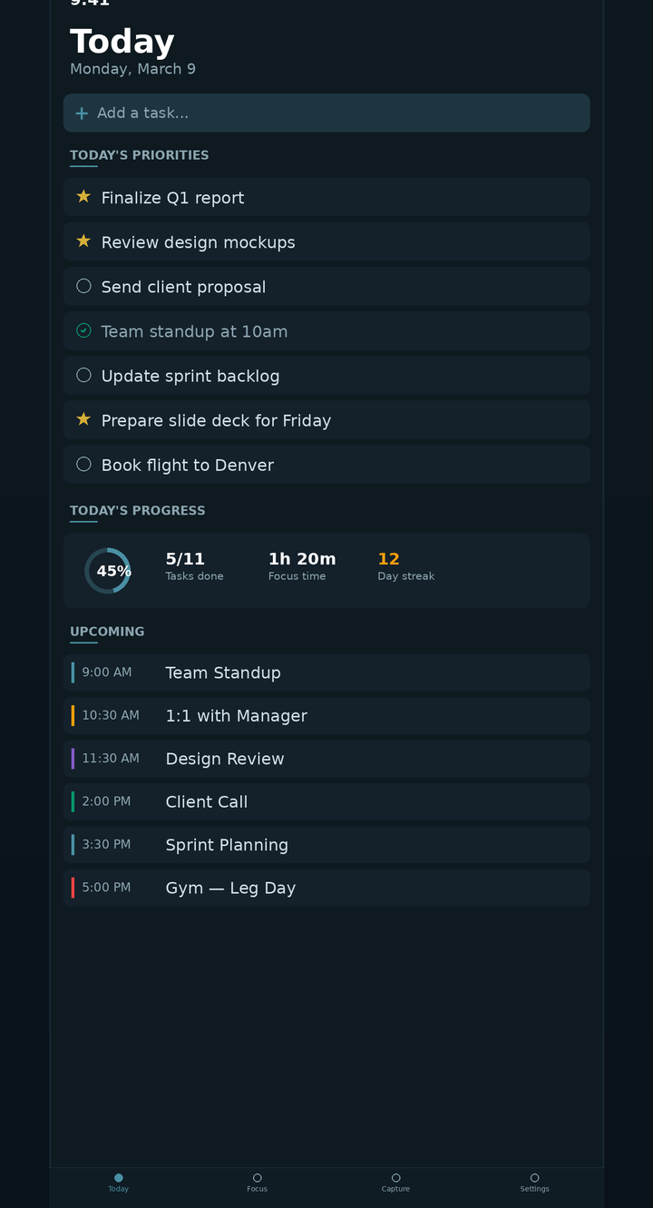 Daily Driver Today screen showing priorities, progress, and upcoming events